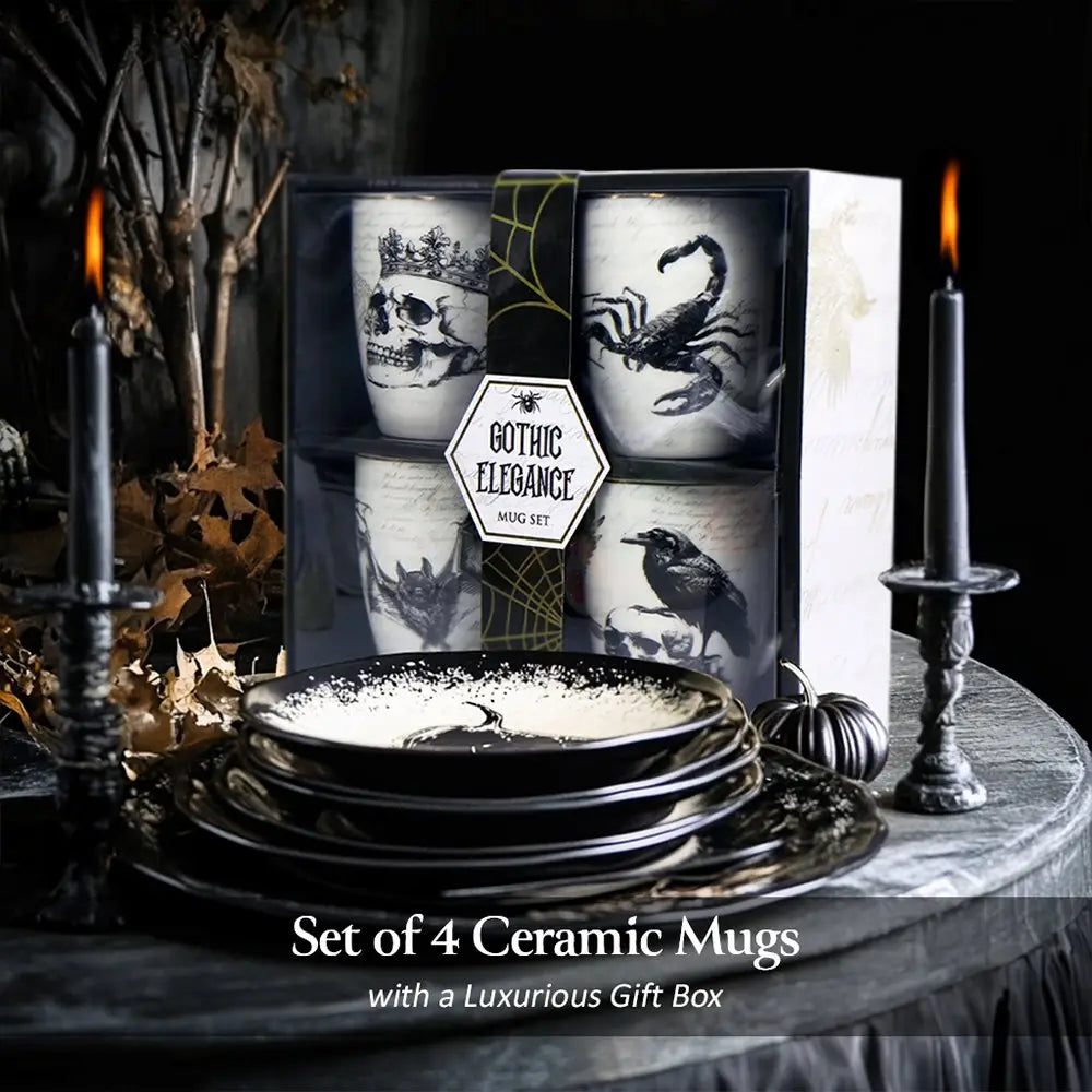 Elegant Goth Set of 4 Ceramic Mugs with Real Gold Trim