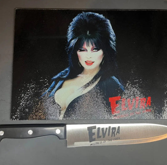 Elvira Mistress Of The Dark Sublimated Glass Cutting Board With Matching Knife